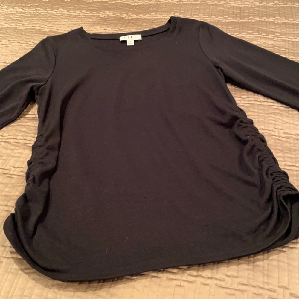 Elle sweater, black with plaid cuffs, poly blend M